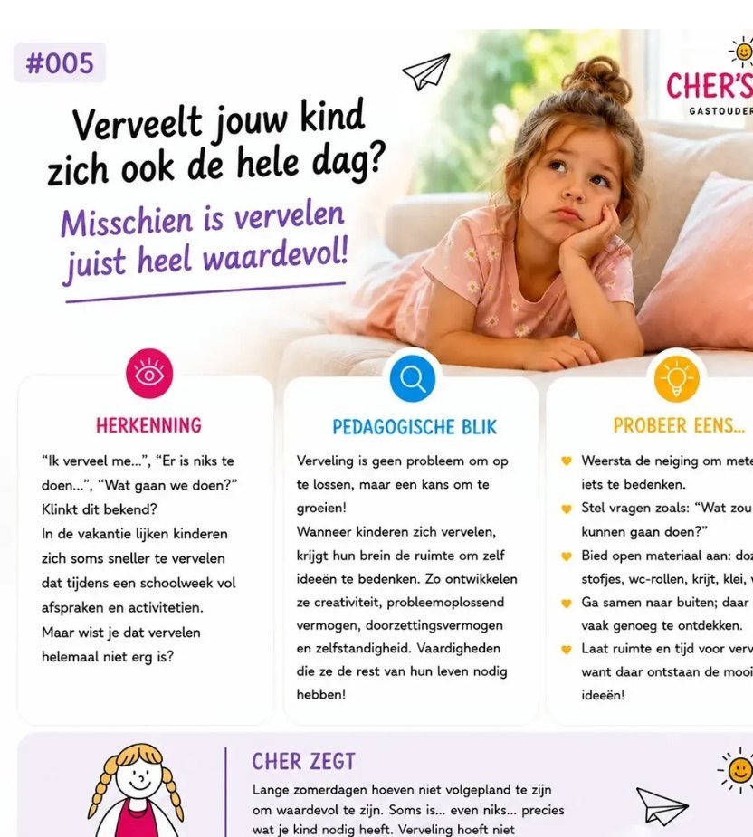 Originele Cher deelt #005 poster: Verveelt jouw kind zich ook de hele dag? Misschien is vervelen juist heel waardevol!
