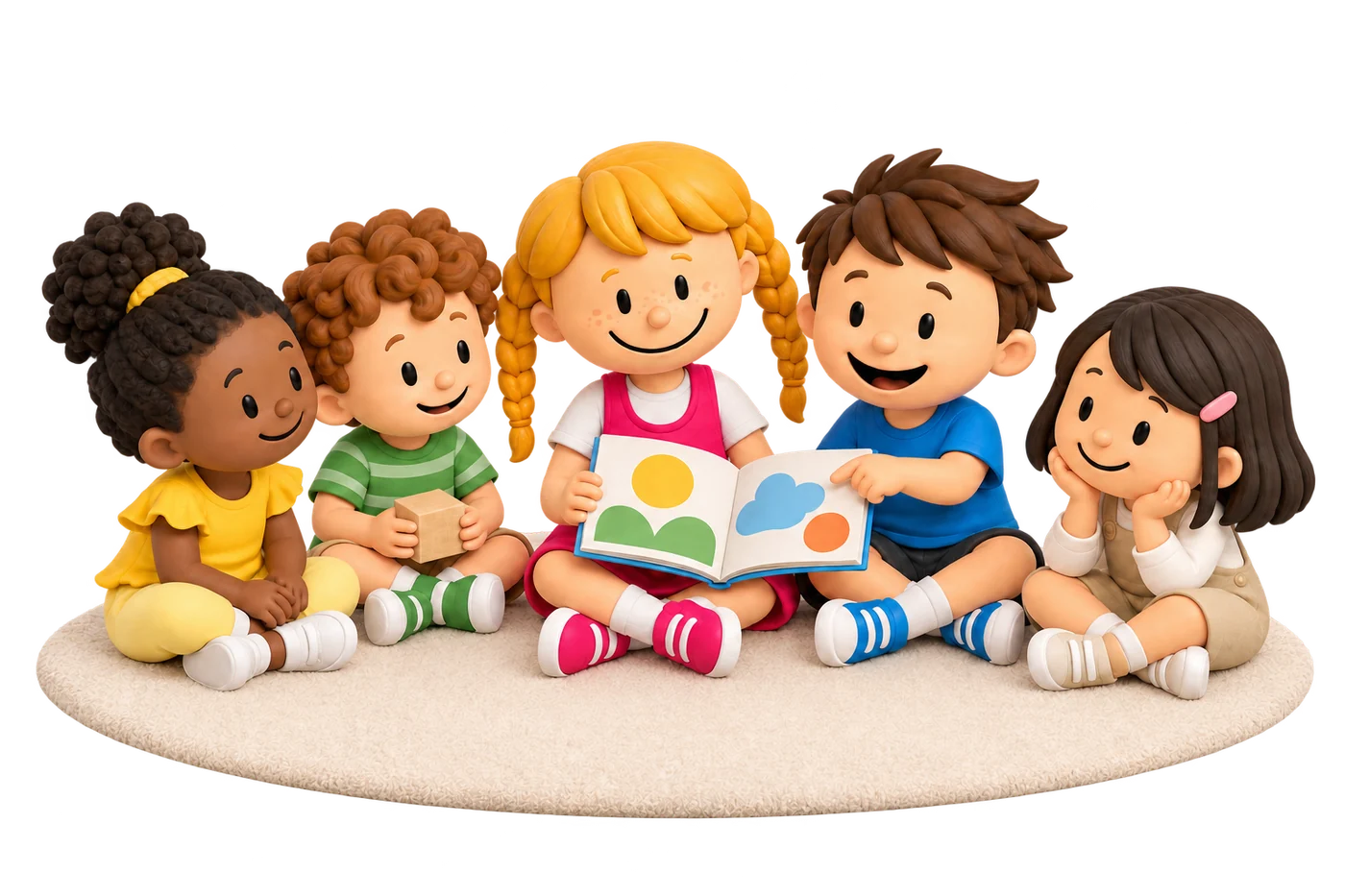 Coco en Charly met drie andere kinderen op een kleed met een prentenboek