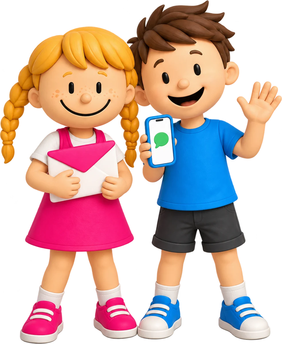 Coco met een envelop en Charly met een telefoon