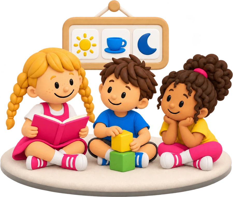 Drie kinderen spelen rustig op een kleed onder een dagritmebord