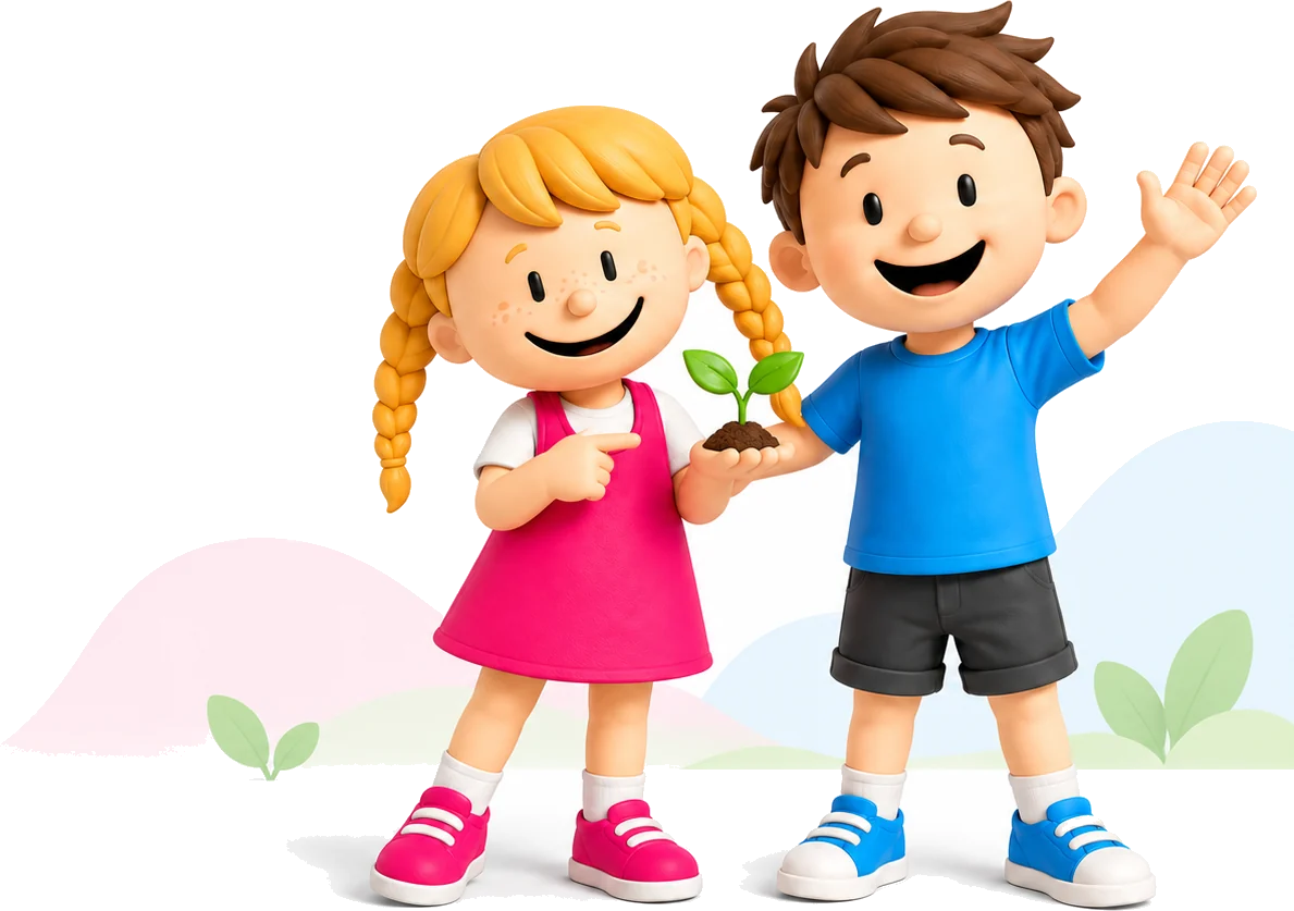 Coco en Charly, de twee kinderen van Cher's Kids, planten samen een kiemplantje
