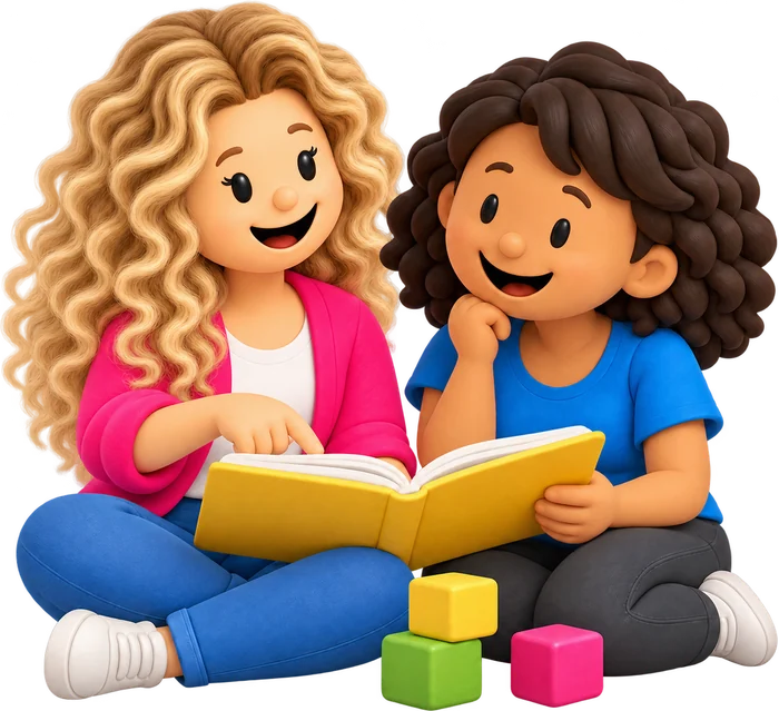 Cher en een gastouder bekijken samen een werkboek