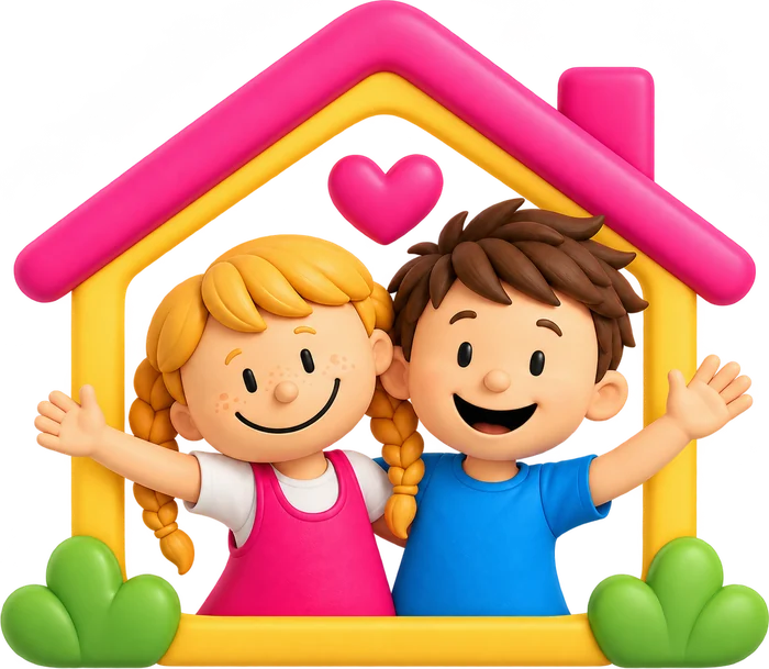 Coco en Charly zwaaien vanuit een huisje met een hartje