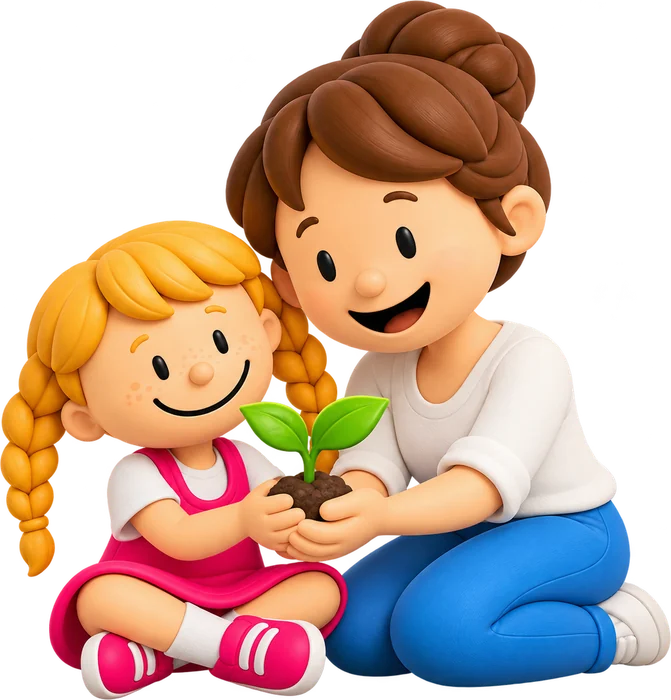Een ouder en een kind planten samen een kiemplantje