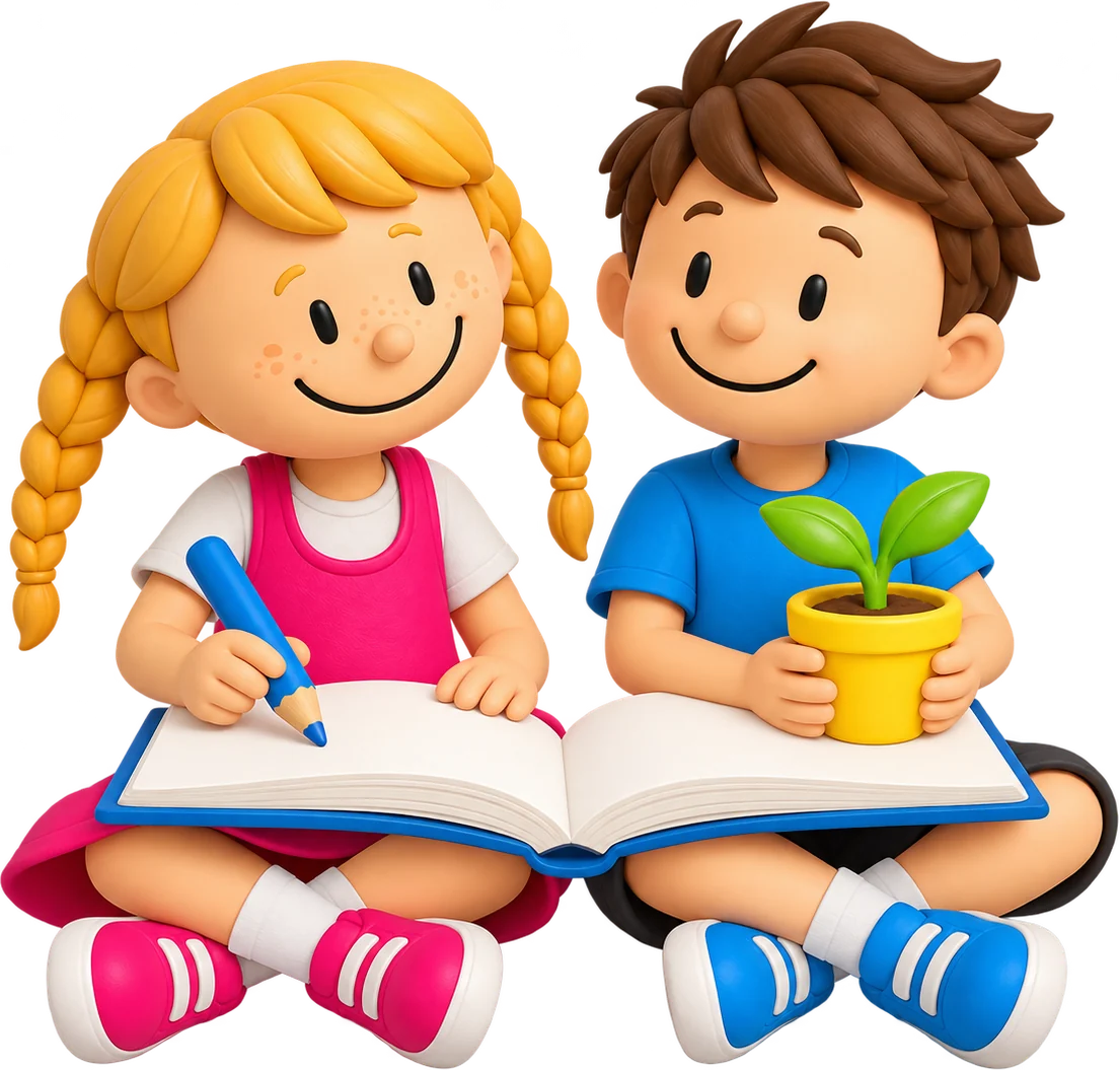Coco en Charly tekenen samen in een groot boek, met een plantje erbij