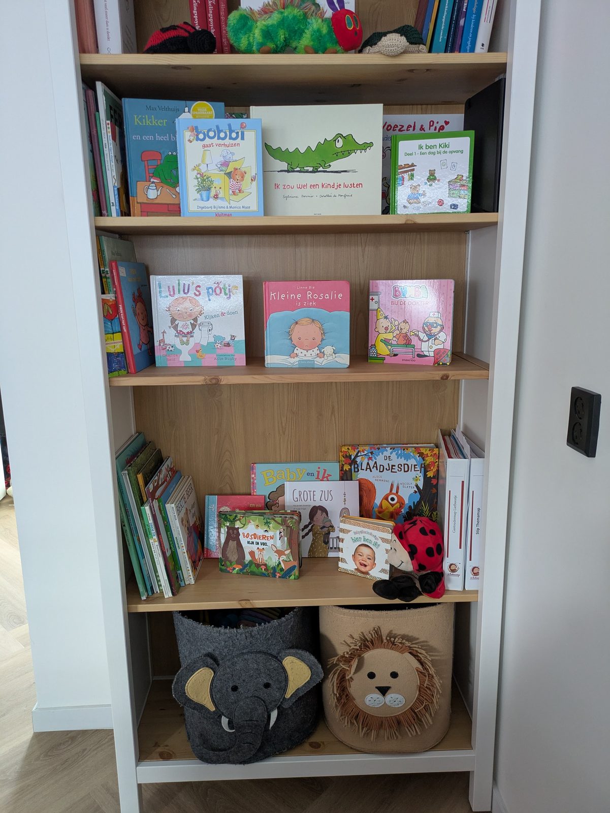 Een boekenkast met prentenboeken en knuffels