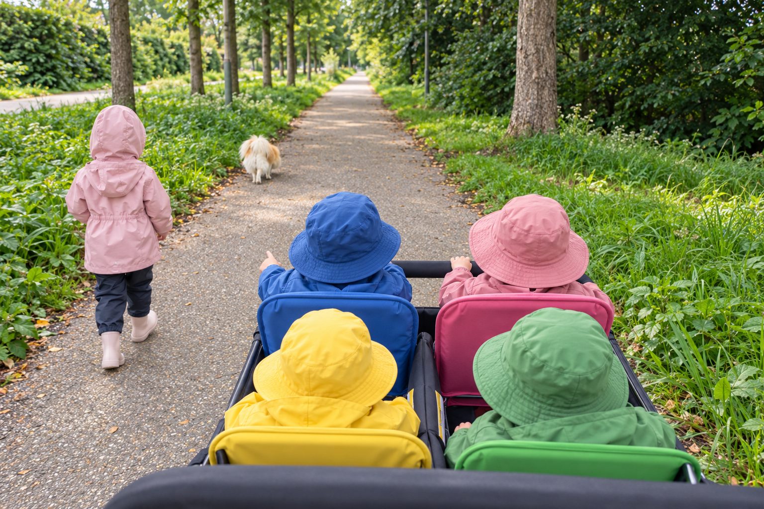 Kinderen in de bolderkar op een bospad