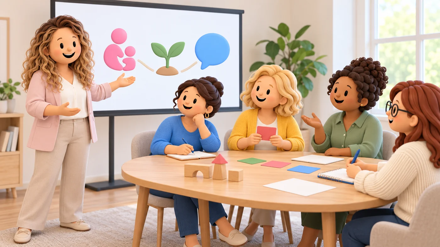 Cher geeft een workshop aan een groep ouders en gastouders