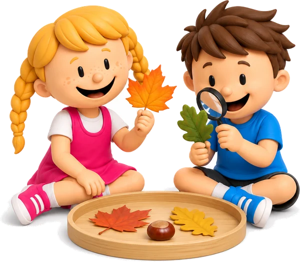 Coco en Charly bekijken herfstbladeren met een vergrootglas